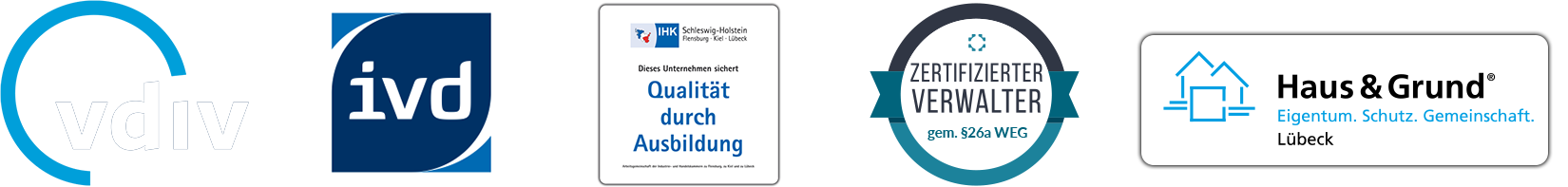 Zertifiziert vom VDIV, IVD, IHK Ausbildungsbetrieb und zertifizierter Verwalter nach §26a WEG und Haus und Grund Lübeck