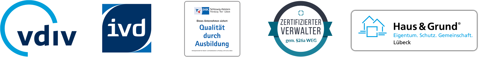 Zertifiziert vom VDIV, IVD, IHK Ausbildungsbetrieb und zertifizierter Verwalter nach §26a WEG und Haus und Grund Lübeck